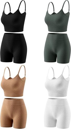 Bencailor 4 Pack Women Ribbed Workout Sets 2 Piece Athletic Yoga Outfit Sport Padded Crop Bra High Waisted Elastic Gym Shorts (One Size,Black,White,Brown,Grey) in Saudi Arabia