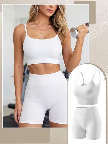Bencailor 4 Pack Women Ribbed Workout Sets 2 Piece Athletic Yoga Outfit Sport Padded Crop Bra High Waisted Elastic Gym Shorts (One Size,Black,White,Brown,Grey) in Saudi Arabia