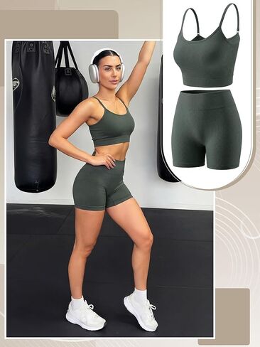 Bencailor 4 Pack Women Ribbed Workout Sets 2 Piece Athletic Yoga Outfit Sport Padded Crop Bra High Waisted Elastic Gym Shorts (One Size,Black,White,Brown,Grey) in Saudi Arabia