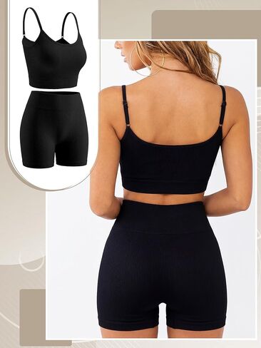 Bencailor 4 Pack Women Ribbed Workout Sets 2 Piece Athletic Yoga Outfit Sport Padded Crop Bra High Waisted Elastic Gym Shorts (One Size,Black,White,Brown,Grey) in Saudi Arabia