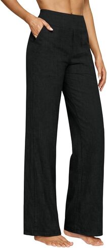 Cotton Linen Pants Women High Waisted Spring Summer Gauze Pants Straight Leg Casual Solid Color Pant with Pockets in Saudi Arabia