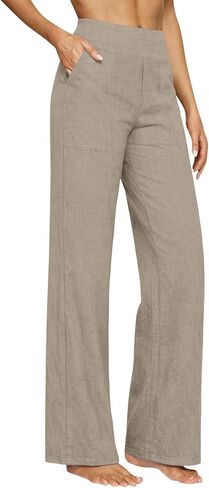 Cotton Linen Pants Women High Waisted Spring Summer Gauze Pants Straight Leg Casual Solid Color Pant with Pockets in Saudi Arabia