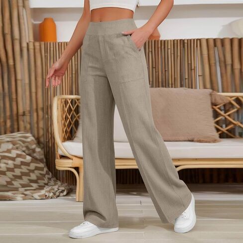 Cotton Linen Pants Women High Waisted Spring Summer Gauze Pants Straight Leg Casual Solid Color Pant with Pockets in Saudi Arabia