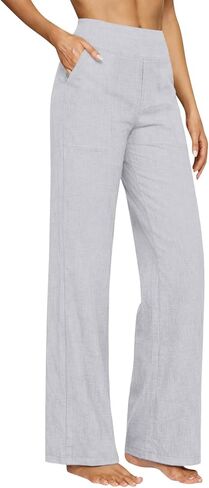 Cotton Linen Pants Women High Waisted Spring Summer Gauze Pants Straight Leg Casual Solid Color Pant with Pockets in Saudi Arabia