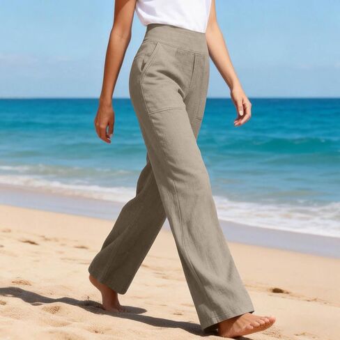 Cotton Linen Pants Women High Waisted Spring Summer Gauze Pants Straight Leg Casual Solid Color Pant with Pockets in Saudi Arabia