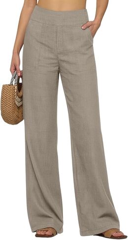 Cotton Linen Pants Women High Waisted Spring Summer Gauze Pants Straight Leg Casual Solid Color Pant with Pockets in Saudi Arabia