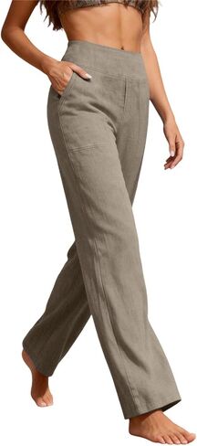 Cotton Linen Pants Women High Waisted Spring Summer Gauze Pants Straight Leg Casual Solid Color Pant with Pockets in Saudi Arabia