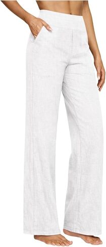 Cotton Linen Pants Women High Waisted Spring Summer Gauze Pants Straight Leg Casual Solid Color Pant with Pockets in Saudi Arabia