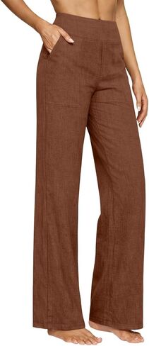 Cotton Linen Pants Women High Waisted Spring Summer Gauze Pants Straight Leg Casual Solid Color Pant with Pockets in Saudi Arabia