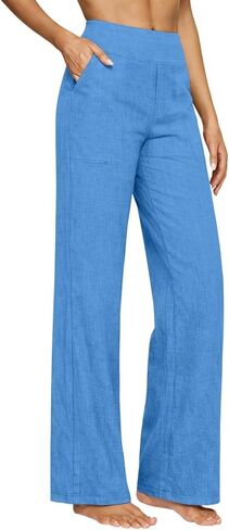 Cotton Linen Pants Women High Waisted Spring Summer Gauze Pants Straight Leg Casual Solid Color Pant with Pockets in Saudi Arabia