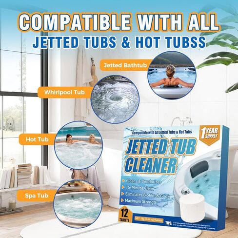 علامات تبويب حوض الاستحمام المتدفق، 12 منظف حوض متدفق شديد التحمل، متوافق مع الطائرات والأنابيب والدوامة ونظام حمام السبا، بدون مواد كيميائية قاسية، حل آمن للصرف الصحي الاحترافي in Kuwait