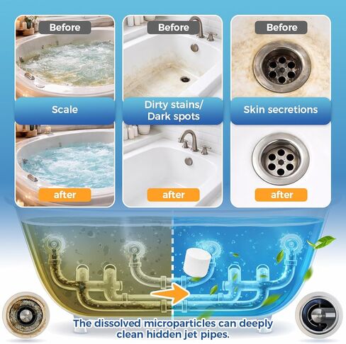 علامات تبويب حوض الاستحمام المتدفق، 12 منظف حوض متدفق شديد التحمل، متوافق مع الطائرات والأنابيب والدوامة ونظام حمام السبا، بدون مواد كيميائية قاسية، حل آمن للصرف الصحي الاحترافي in Kuwait