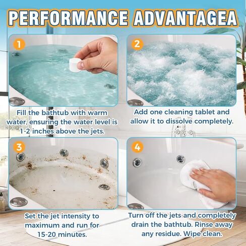 علامات تبويب حوض الاستحمام المتدفق، 12 منظف حوض متدفق شديد التحمل، متوافق مع الطائرات والأنابيب والدوامة ونظام حمام السبا، بدون مواد كيميائية قاسية، حل آمن للصرف الصحي الاحترافي in Kuwait