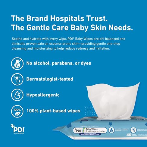 PDI Baby Wipes, Hypoallergenic, Eczema Safe, Fragrance Free, Plant-Based Wipes, 1-Pack, 40 Wipes per Pack, 8.0 x 6.7 in in Saudi Arabia