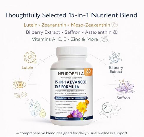 Neurobella Eye Formula, 15 in 1 Daily Eye Wellness Supplement with Lutein Zeaxanthin Bilberry & Vitamins, Clean Capsule Formula for Adult Wellness Routine (1) in Saudi Arabia