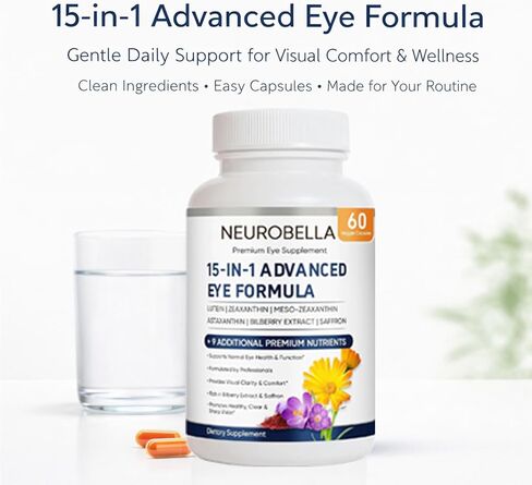 Neurobella Eye Formula, 15 in 1 Daily Eye Wellness Supplement with Lutein Zeaxanthin Bilberry & Vitamins, Clean Capsule Formula for Adult Wellness Routine (1) in Saudi Arabia