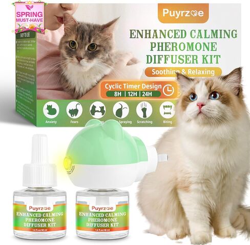 Cat Calming Diffuser with 3 Timing Functions, 6-in-1 Cat Pheromones Calming Diffuser Kit, 120-Day Anxiety Relief, Stress Reduction & Relaxation for All Cats (2 Diffusers + 4 Refills) in Kuwait