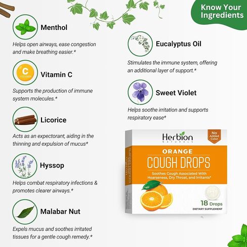 HERBION Naturals Cough Drops, Dietary Supplement, Soothes Cough, for Adults and Children Over 6 Years, No Artificial Flavor, No Added Color (18 Count (Pack of 1), Orange) in Kuwait