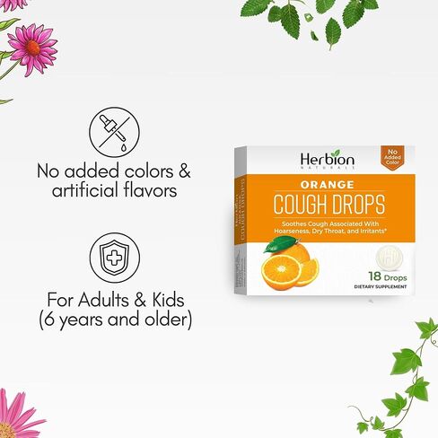 HERBION Naturals Cough Drops, Dietary Supplement, Soothes Cough, for Adults and Children Over 6 Years, No Artificial Flavor, No Added Color (18 Count (Pack of 1), Orange) in Kuwait