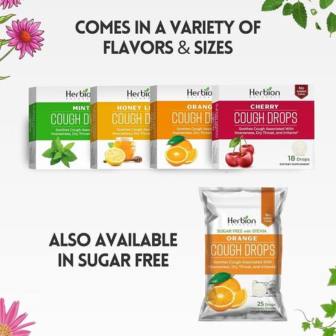 HERBION Naturals Cough Drops, Dietary Supplement, Soothes Cough, for Adults and Children Over 6 Years, No Artificial Flavor, No Added Color (18 Count (Pack of 1), Orange) in Kuwait