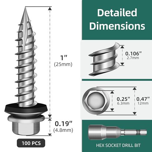 100Pcs #10 x 1 Inch Hex Head Metal Roofing Screws, Hex Head Metal Roof Screws with Rubber Washer, Construction Self Tapping Screw with Hex Socket in Kuwait