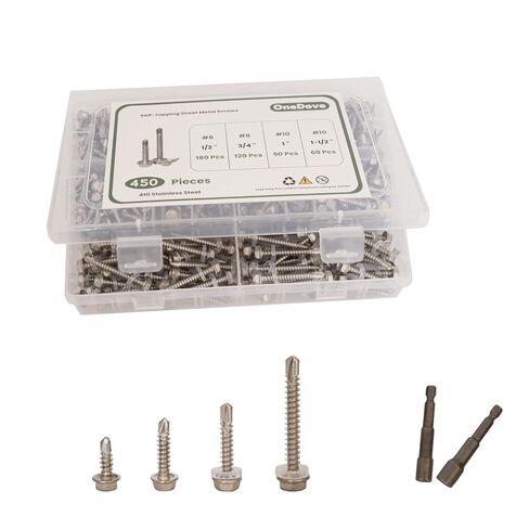 450PCS Self Tapping Screws for Metal,410 Stainless Steel Self Tapping Sheet Metal Screws, #8 1/2" 3/4" #10 1" 1-1/2", External hex in Kuwait