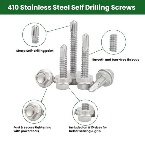 450PCS Self Tapping Screws for Metal,410 Stainless Steel Self Tapping Sheet Metal Screws, #8 1/2" 3/4" #10 1" 1-1/2", External hex in Kuwait