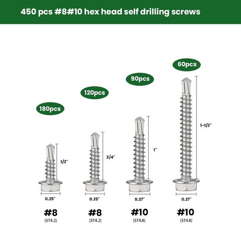 450PCS Self Tapping Screws for Metal,410 Stainless Steel Self Tapping Sheet Metal Screws, #8 1/2" 3/4" #10 1" 1-1/2", External hex in Kuwait