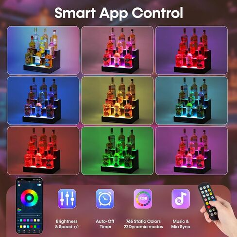 رف عرض زجاجات المشروبات الكحولية المضاء بإضاءة LED مع تطبيق وجهاز تحكم عن بعد - رف بار من خشب الجوز مقاس 16 بوصة ثلاثي الطبقات لديكور المنزل - طبقة زجاجة ذكية متغيرة الألوان للحفلات وكهف الرجال وأجواء البار التجارية in Saudi Arabia