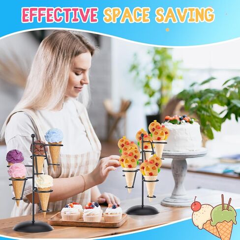 FoldTier 2 حزمة حامل مخروط الآيس كريم الحديدي للحفلات 5 فتحات عرض مخروط الوافل مع قاعدة لفة يدوية رف حلوى السوشي الفشار يحمل ما يصل إلى 10 إمدادات صيفية لحفلات الزفاف والحلويات اللذيذة in Saudi Arabia