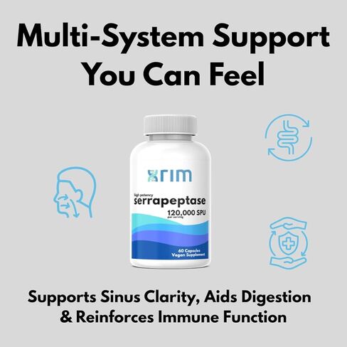 xrim Serrapeptase 120,000 SPU - مكمل إنزيم جهازي عالي الفعالية - دعم التحلل البروتيني للجيوب الأنفية والالتهابات والتعافي - نباتي، غير معدل وراثيًا، مغلف معويًا in Saudi Arabia