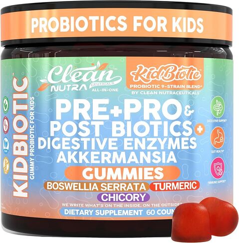 Clean Nutra Kids Probiotics Gummies with Prebiotics, Postbiotics, Digestive Enzymes, Akkermansia, Boswellia Serrata, Turmeric, Chicory – 60 Count – Plant-Based Supplement for Kids – PeachPop Flavor in Saudi Arabia