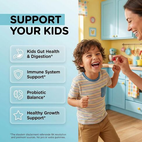 Clean Nutra Kids Probiotics Gummies with Prebiotics, Postbiotics, Digestive Enzymes, Akkermansia, Boswellia Serrata, Turmeric, Chicory – 60 Count – Plant-Based Supplement for Kids – PeachPop Flavor in Saudi Arabia