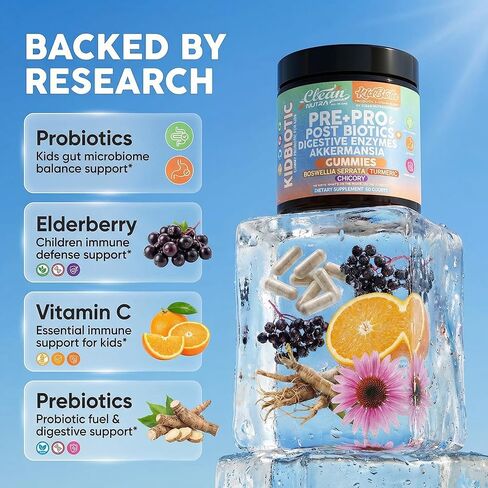 Clean Nutra Kids Probiotics Gummies with Prebiotics, Postbiotics, Digestive Enzymes, Akkermansia, Boswellia Serrata, Turmeric, Chicory – 60 Count – Plant-Based Supplement for Kids – PeachPop Flavor in Saudi Arabia