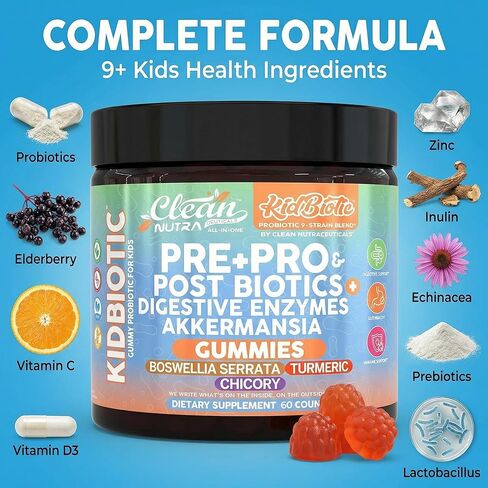 Clean Nutra Kids Probiotics Gummies with Prebiotics, Postbiotics, Digestive Enzymes, Akkermansia, Boswellia Serrata, Turmeric, Chicory – 60 Count – Plant-Based Supplement for Kids – PeachPop Flavor in Saudi Arabia