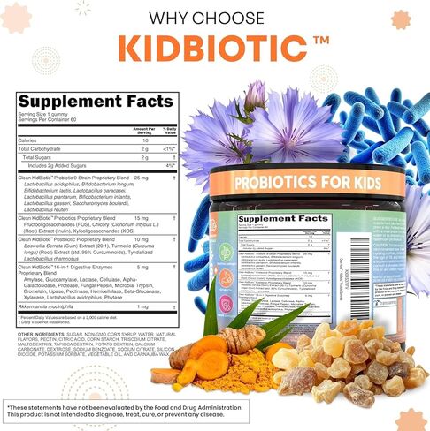 Clean Nutra Kids Probiotics Gummies with Prebiotics, Postbiotics, Digestive Enzymes, Akkermansia, Boswellia Serrata, Turmeric, Chicory – 60 Count – Plant-Based Supplement for Kids – PeachPop Flavor in Saudi Arabia
