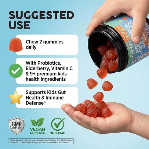 Clean Nutra Kids Probiotics Gummies with Prebiotics, Postbiotics, Digestive Enzymes, Akkermansia, Boswellia Serrata, Turmeric, Chicory – 60 Count – Plant-Based Supplement for Kids – PeachPop Flavor in Saudi Arabia