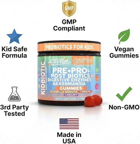 Clean Nutra Kids Probiotics Gummies with Prebiotics, Postbiotics, Digestive Enzymes, Akkermansia, Boswellia Serrata, Turmeric, Chicory – 60 Count – Plant-Based Supplement for Kids – PeachPop Flavor in Saudi Arabia