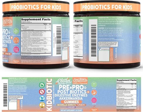 Clean Nutra Kids Probiotics Gummies with Prebiotics, Postbiotics, Digestive Enzymes, Akkermansia, Boswellia Serrata, Turmeric, Chicory – 60 Count – Plant-Based Supplement for Kids – PeachPop Flavor in Saudi Arabia