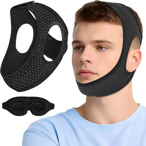Chin Strap for Sleeping, Anti Snoring Devices Comfortable Effective Stop Snoring Solution, Snore Stopper Breathable, Anti Snore Chin Strap Adjustable Velcro, with Eye Mask, Black in Kuwait
