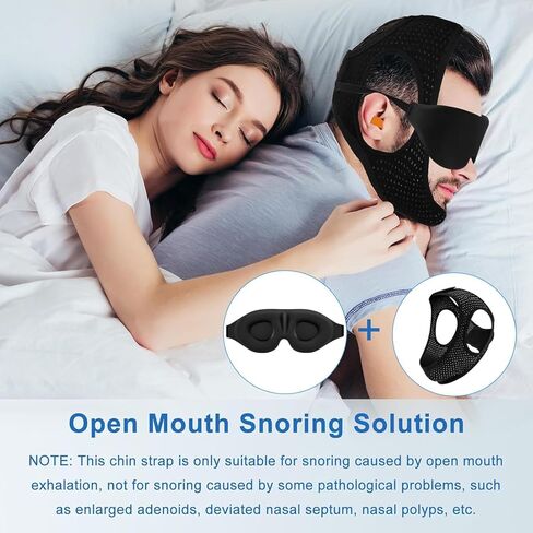 Chin Strap for Sleeping, Anti Snoring Devices Comfortable Effective Stop Snoring Solution, Snore Stopper Breathable, Anti Snore Chin Strap Adjustable Velcro, with Eye Mask, Black in Kuwait