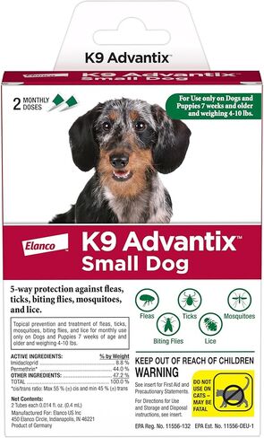 K9 Advantix الوقاية من البراغيث والقراد والبعوض للكلاب 4-10 رطل. | قطرات البراغيث للكلاب الصغيرة | التقديم شهريًا | 2 العلاجات in Kuwait