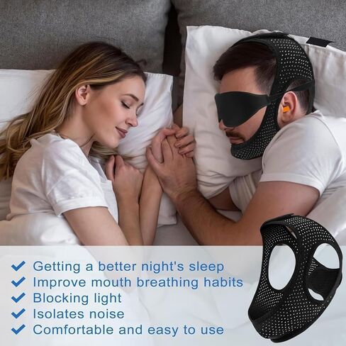 Chin Strap for Sleeping, Anti Snoring Devices Comfortable Effective Stop Snoring Solution, Snore Stopper Breathable, Anti Snore Chin Strap Adjustable Velcro, with Eye Mask, Black in Kuwait