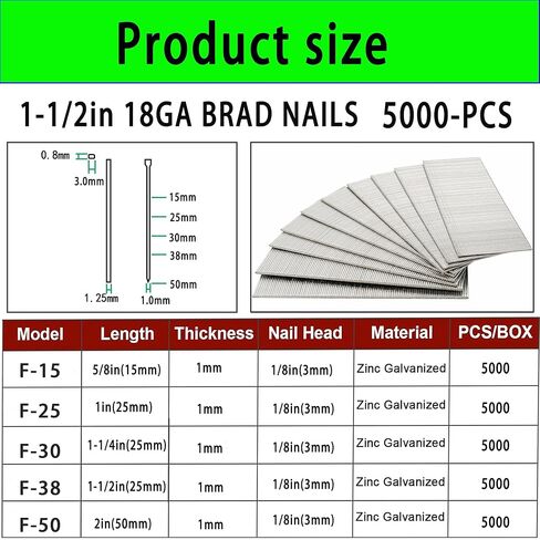 18 Gauge Brad Nails, 1-1/2'', 5000-Count Galvanized Brad Nails Assorted, 18GA Nail Gun Nails and Small Finishing Nails Assortment for Pneumatic, Electric Brad Nailer Gun (1.5IN-F38) in Kuwait