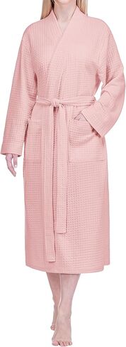 PAVILIA Women Waffle Knit Kimono Robe, Soft Cozy Breathable Lightweight Long Bathrobe with Side Pockets for Shower Spa House in Kuwait