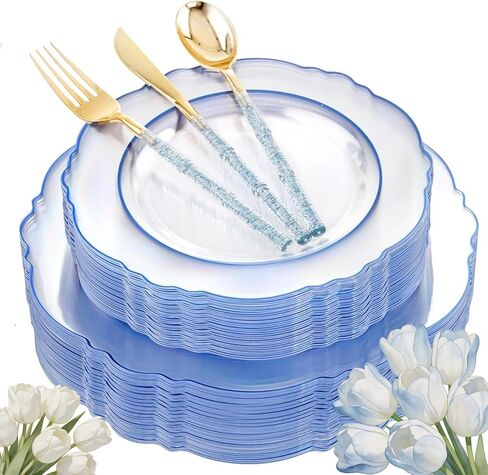 Liacere 150PCS Blue Plastic Plates - Gold Plastic Silverware with Blue Handle - Navy Disposable Plates Include 30 Guests Plates,Forks,Spoons,Knives for Wedding&Party&Back to School&Labor Day in Kuwait