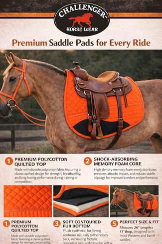 CHALLENGER Quilted Western Orange Barrel Saddle Pad with Fleece Underside Padding – Shock-Absorbing Comfort Training Pad – 26" Spine x 17" Drop 39TS11OR in Saudi Arabia
