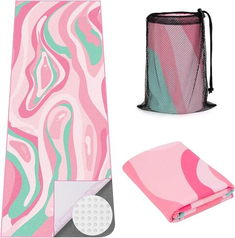Yoga Mat Towel Cover with Large Corner Pockets, Non Slip Grip Microfiber Mat Cover Mat for Hot Yoga, Pilates and Gym Workout, 70" L x 26" W, Pink in Kuwait