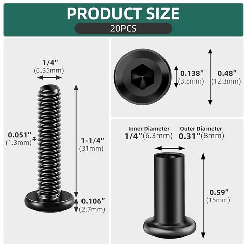 20Pcs 1/4-20 x 1-1/4" Flat Socket Head Cap Screws Bolts Barrel Nuts Kit, 304 Stainless Steel 18-8 Furniture Bolts Screws and Nuts, Black Oxided in Kuwait