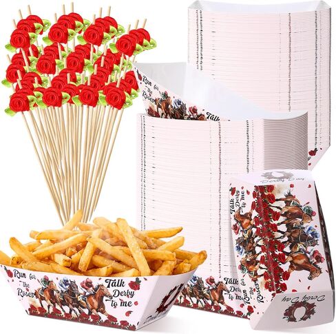 Vesici 100 Set Derby Paper Food Tray with Rose Appetizer Picks Disposable Serving Boats Wood Fruit Cocktail Picks Snacks Holder Trays Appetizer Sticks for Horse Racing Party Decoration Supplies in Saudi Arabia